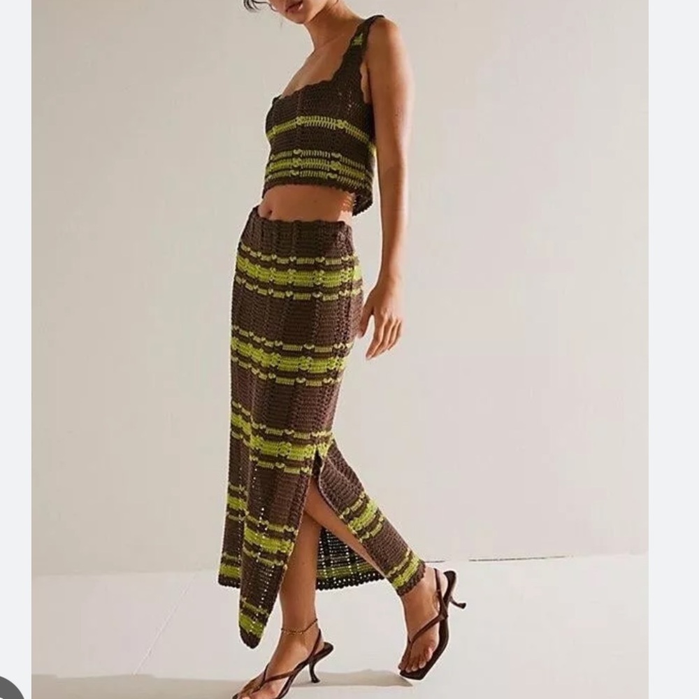 Free People Brown and Lime Crocheted Two-Piece Swim Coverup Set